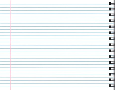 A spiral-bound notebook page with blue horizontal lines and a pink vertical line for margins