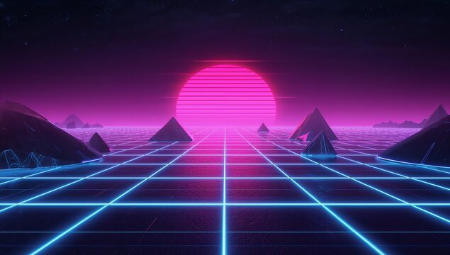 Glowing magenta sun with scanlines, drawing leading cyan grid across shiny plane, pyramids