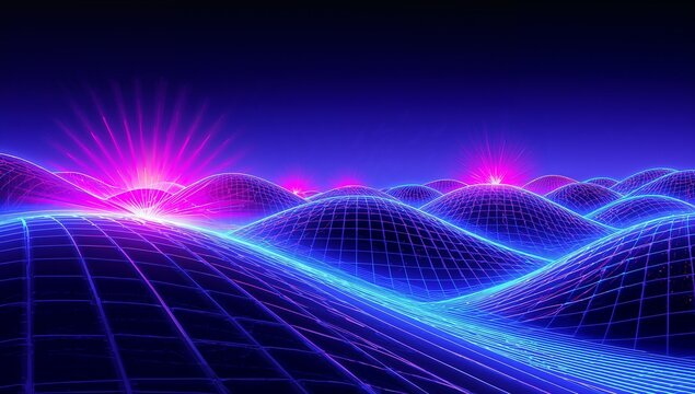Rolling neon wireframe hills curving across cyberspace, showing cyan grid lines and magenta bursts - Powered by Adobe