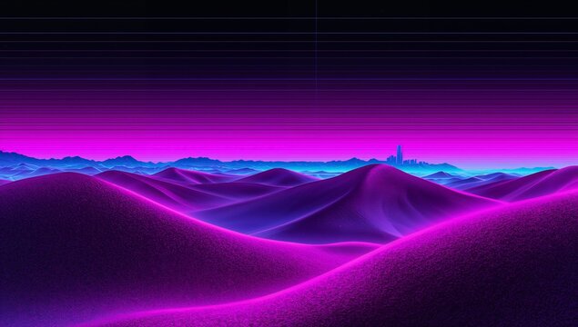 Glowing neon dunes rolling across desert landscape at night, showing cyan rim highlights, scanlines