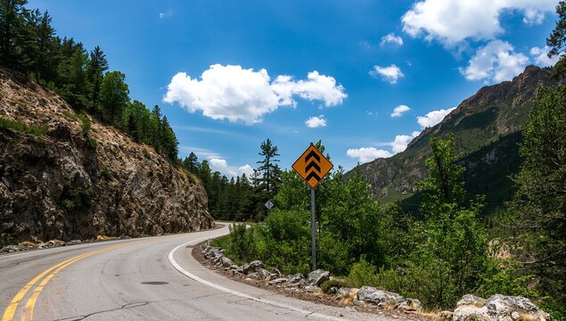 Curving paved two-lane road bending left through rocky pass, showing yellow diamond signpost