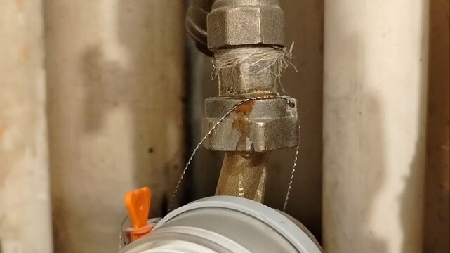 A plumbing pipe leaks near the water meter. An example of an emergency in an apartment.