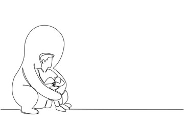 Single line drawing of man sitting alone and distressed, being enveloped by giant hug shadow, comforting figure, symbolizing overwhelming support or self-compassion. National Posttraumatic Growth Day