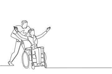 Obraz premium Continuous line draw of man pushing a woman in wheelchair, with the woman raising her arms in joy or freedom, symbolizing support to cancer patient and independence. National Random Acts of Light Day.