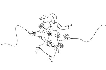 Continuous line draw of a woman dancing gracefully, with flowers and swirling lines emanating from her. Show freedom, nature, and the expressive power of movement. National Dance Therapy Advocacy Day