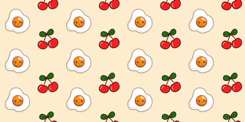 Seamless cherry pattern with colorful eggs on the background. Cute fabric pattern for kids.