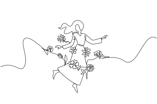 Continuous line draw of a woman dancing gracefully, with flowers and swirling lines emanating from her. Show freedom, nature, and the expressive power of movement. National Dance Therapy Advocacy Day - Powered by Adobe