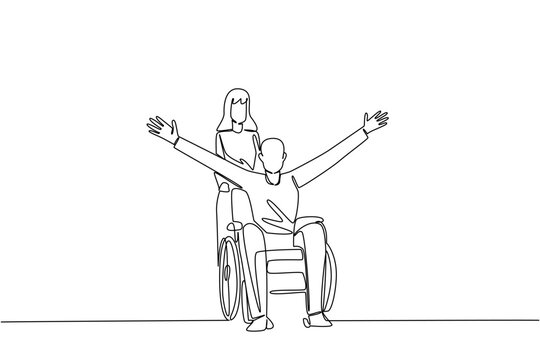 A cheerful man raises arms while a woman assists his wheelchair in continuous line drawing, marking National Random Acts of Light Day theme with a health concept, spreading hope, care, and inclusion