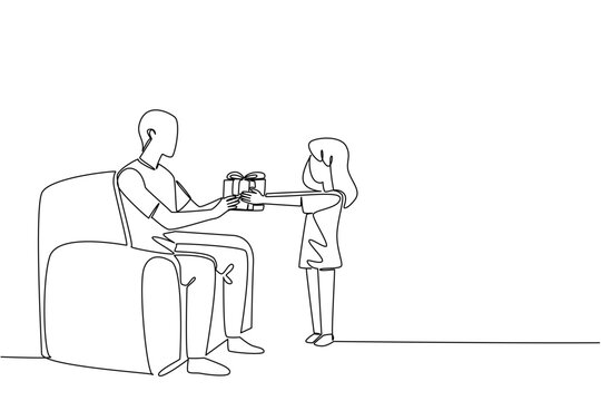 Girl gives a present to her father in single line draw, celebrating National Random Acts of Light Day theme with a family concept, emphasizing kindness, gratitude, and support between daughter and dad