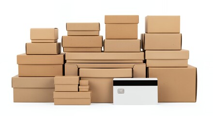 Seamless online shopping with stacked delivery boxes and credit card, promising convenience and reliable shipping for e-commerce businesses