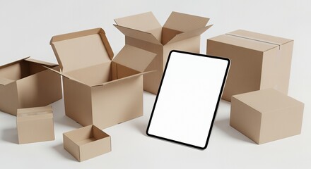 Streamline your shipping process with a tablet and boxes ready for your product, ecommerce success starts here with efficient packaging solutions