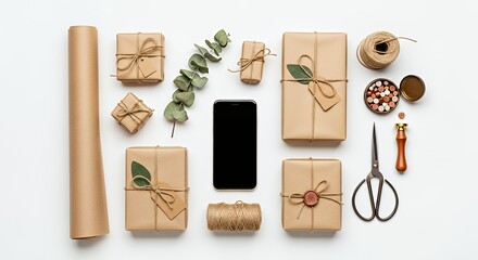 Stylish gift wrapping supplies with smartphone mockup for holiday promotions and online retail marketing in a modern flat lay setting for social media ads