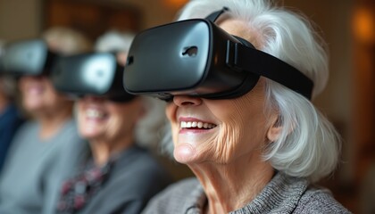 Elderly women in nursing home use virtual reality headsets, experiencing new tech. Seniors enjoy immersive gaming and digital worlds, bridging age gap with futuristic gadgets.