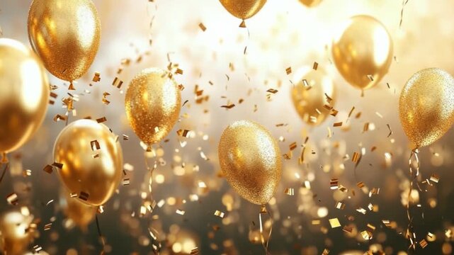 Shimmering gold balloons and glittery confetti drift slowly through soft, warm tones, creating an elegant festive backdrop for birthdays, holidays, weddings and celebratory events