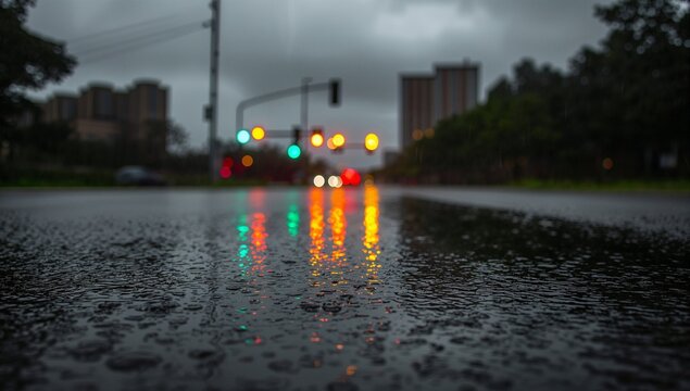 Glistening wet asphalt foreground showing raindrop ripples at intersection, with signal reflections - Powered by Adobe