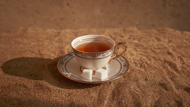 Sitting china teacup set gold-rimmed on burlap tabletop, with amber tea and 2 sugar cubes, shadowed