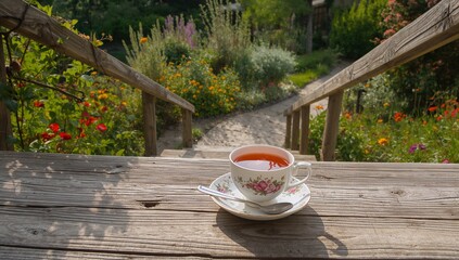Sitting floral teacup steaming with amber tea on saucer on cottage garden steps, with teaspoon