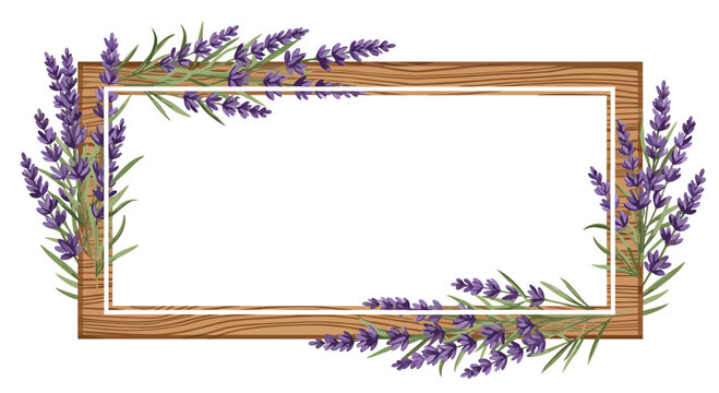 Elegant lavender floral frame for invitations and promotions with charming rustic wood texture, perfect for spring or summer design projects