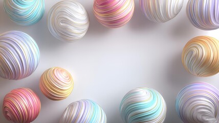 Fototapeta premium Many abstract colorful spheres with a wavy striped pattern isolated on plain white background. 3D rendered graphic elements, dynamic, swirling. Background and poster design, copy space