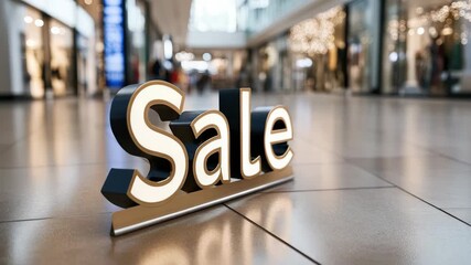 Festive sale sign with glowing letters on a polished mall floor, drawing holiday shoppers to special Christmas discounts and seasonal offers against a blurred store backdrop
