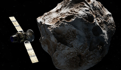 Satellite in Space passing asteroid