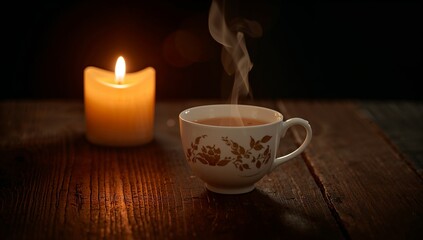 Glowing white teacup steaming on wooden table with brown floral motif, lit pillar candle beside
