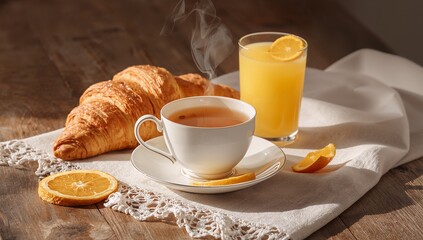 Steaming white ceramic teacup and saucer resting on rustic table, with croissant and orange juice