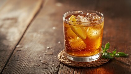 Resting glass tumbler with amber soda, ice, lemon on woven coaster atop wooden table, mint nearby
