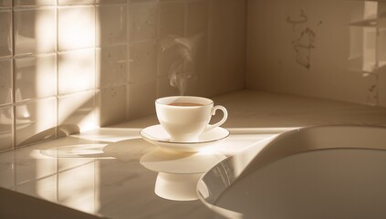 Steaming white teacup sitting on matching saucer at kitchen counter, sunlight casting reflection