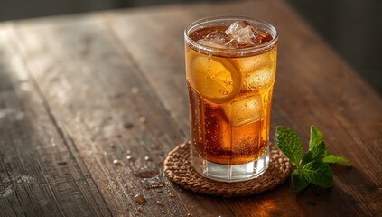 Displaying glass tumbler holding fizzy drink with ice, lemon slice on kitchen tabletop mint sprig