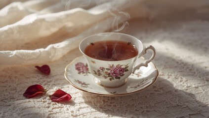 Steaming porcelain teacup and matching saucer sitting on lace table near sunlit window, rose petals