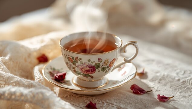 Sitting floral porcelain teacup steaming on cream lace, gold rim with saucer and dried petals - Powered by Adobe