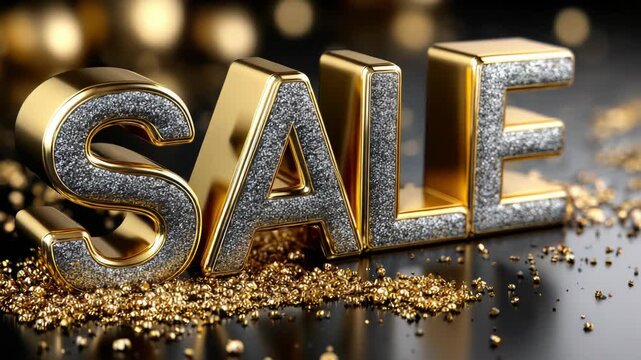 Glossy reflective backdrop featuring 3D gold SALE letters with silver sheen, surrounded by glittering gold dust and festive bokeh for luxury holiday and promotional themes
