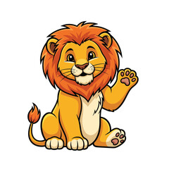 Cute Cartoon Lion Cub Waving Hand Illustration on White Background