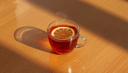 Steaming clear glass teacup sitting on wooden tabletop, showing lemon slice and bands of sunlight