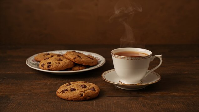 Steaming gold rim teacup resting on right oak table, choc-chip cookies, front cookie, copy space - Powered by Adobe