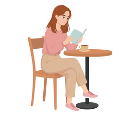 Woman Reading a Book and Drinking Coffee at a Cafe