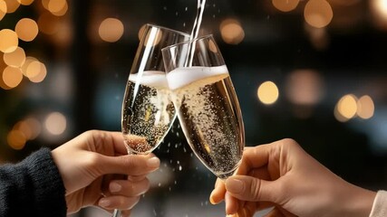 Close up of two people clinking glasses of sparkling champagne during a celebration, with the fizzy beverage splashing out against a festive background with warm bokeh lights - Powered by Adobe