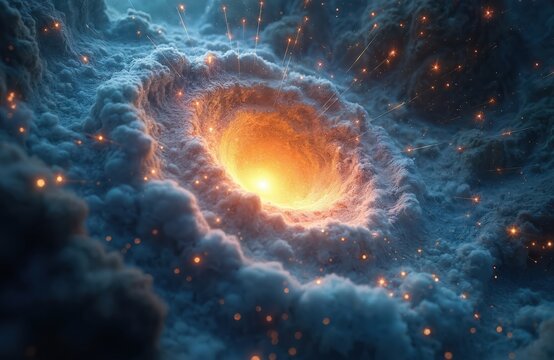 Abstract spiral vortex of light and cosmic dust. Bright glowing center pulls in swirling nebulous clouds and sparks. Deep space phenomenon reveals energetic stellar formation.
