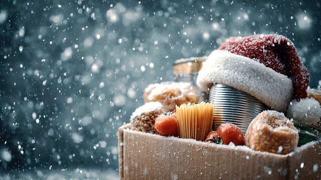 Festive Food Box with Santa Hat in Snowy Scene