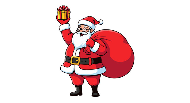 Cartoon illustration of Santa Claus holding a wrapped gift in one hand and a red sack over his shoulder.