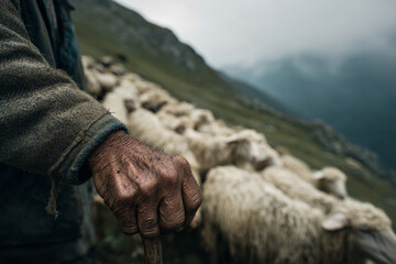 A close-up of a local shepherd's weathered hands tending to his flock on a steep mountain pasture, conveying a life of resilience.