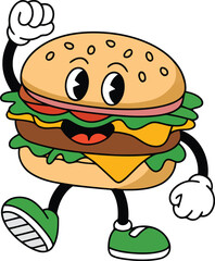 Cheerful retro cartoon hamburger mascot with raised arm walking
