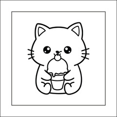 Bold and Easy Kawaii Cat Eating Cupcake Cozy Moment Coloring Page Vector | Cute Kitten with Dessert Cherry on Top Line Art