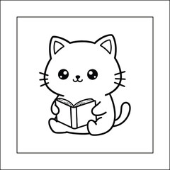 Bold and Easy Kawaii Cat Reading Book Cozy Moment Coloring Page Vector | Cute Kitten Student Studying Literacy Line Art