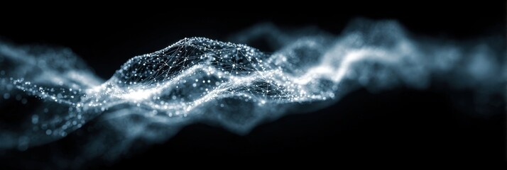 Abstract wave of glowing particles and lines against a dark background, representing digital data flow. Modern technology and global network connection concept for wireless internet.