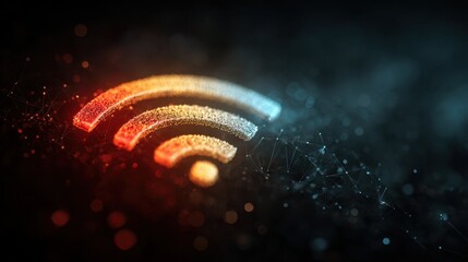 Glowing Wi-Fi symbol formed by particles. Wireless internet connection network technology concept. Digital global communication background.