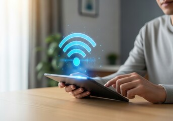 Man using tablet with glowing wi-fi icon. Wireless internet connection, smart home network, and digital communication concept. High-speed signal technology.
