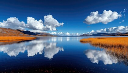 A tranquil lake scene with vibrant golden reeds along the shore. The calm water perfectly reflects the dramatic white clouds and the deep blue sky, creating a s