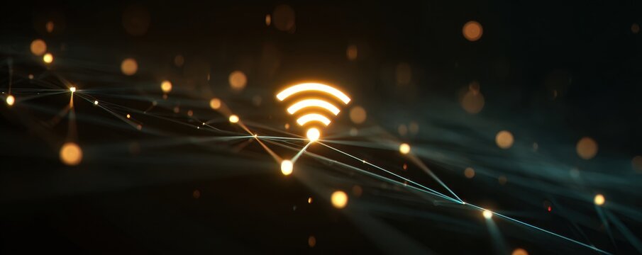 Glowing wi-fi icon on a dark background showing network connection. Wireless internet technology concept for digital communication and modern tech.